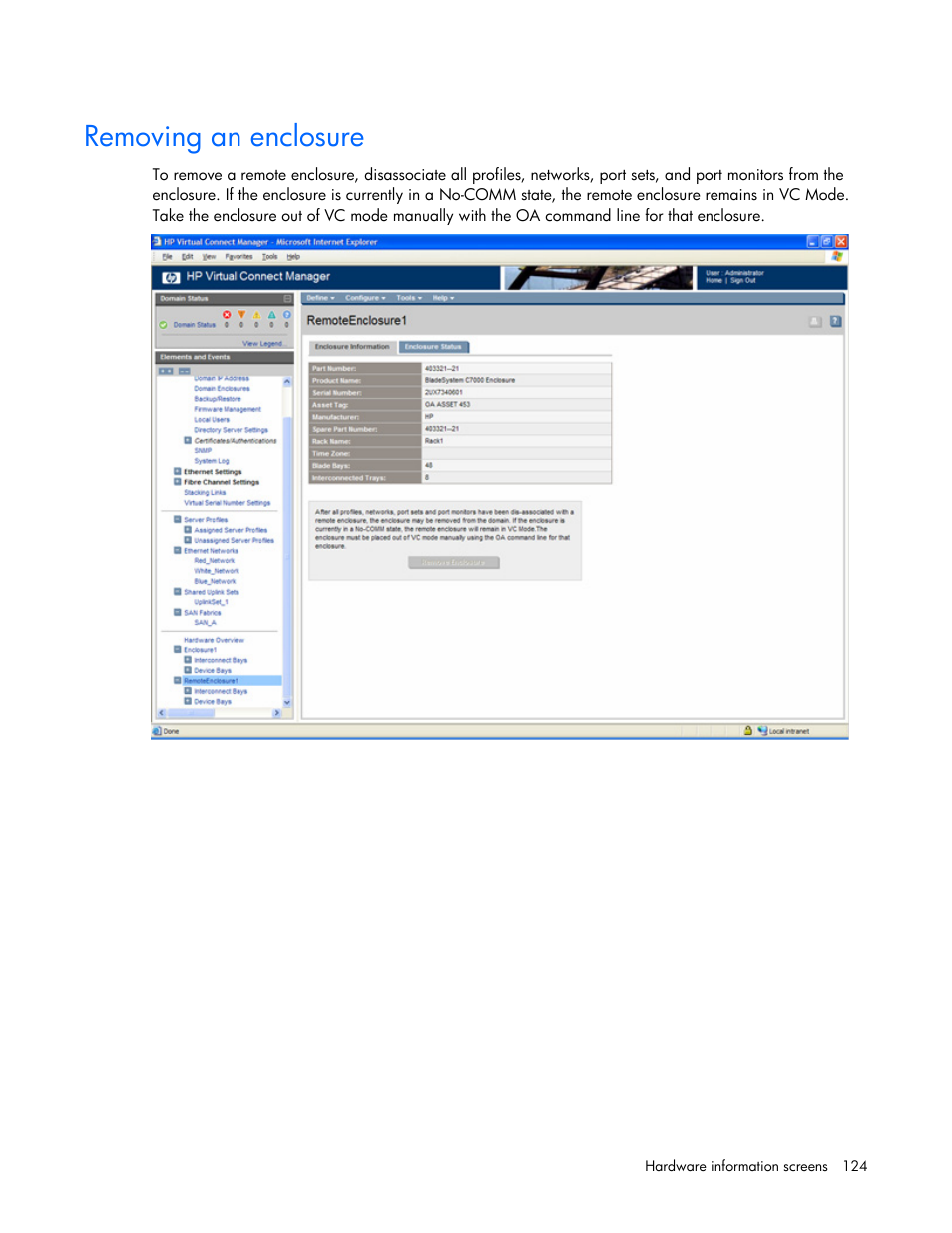 Removing an enclosure | HP 1.10GB Virtual Connect Ethernet Module for c-Class BladeSystem User Manual | Page 124 / 162