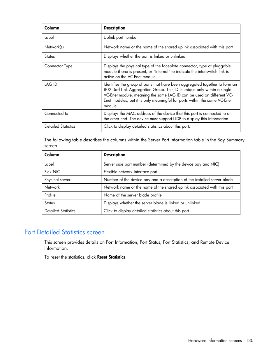 Port detailed statistics screen | HP 1.10GB Virtual Connect Ethernet Module for c-Class BladeSystem User Manual | Page 130 / 162