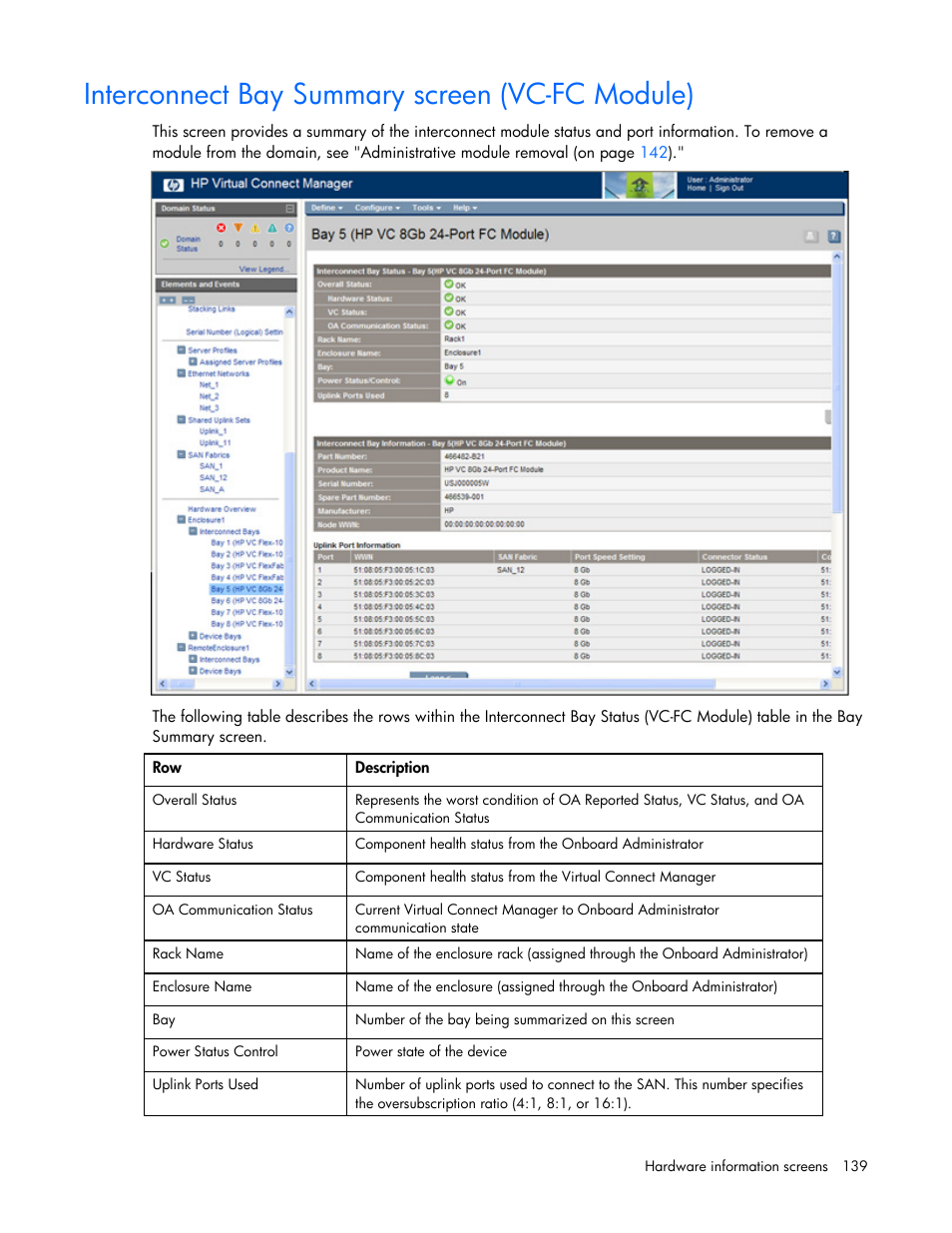 Interconnect bay summary screen (vc-fc module) | HP 1.10GB Virtual Connect Ethernet Module for c-Class BladeSystem User Manual | Page 139 / 162