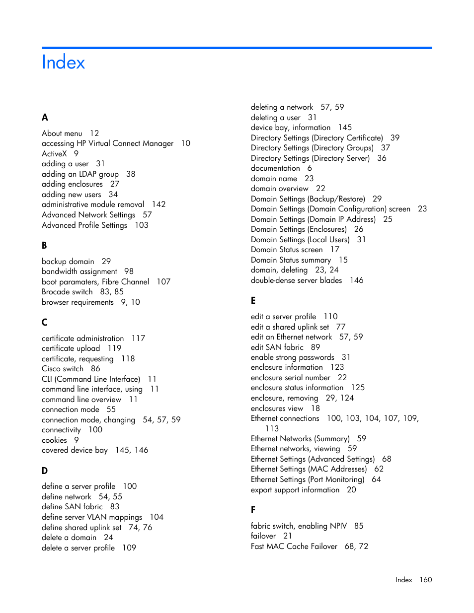 Index | HP 1.10GB Virtual Connect Ethernet Module for c-Class BladeSystem User Manual | Page 160 / 162