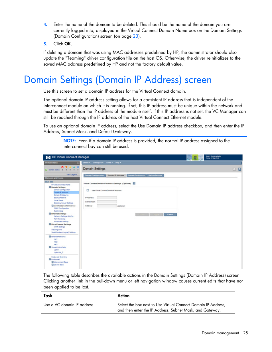 Domain settings (domain ip address) screen | HP 1.10GB Virtual Connect Ethernet Module for c-Class BladeSystem User Manual | Page 25 / 162