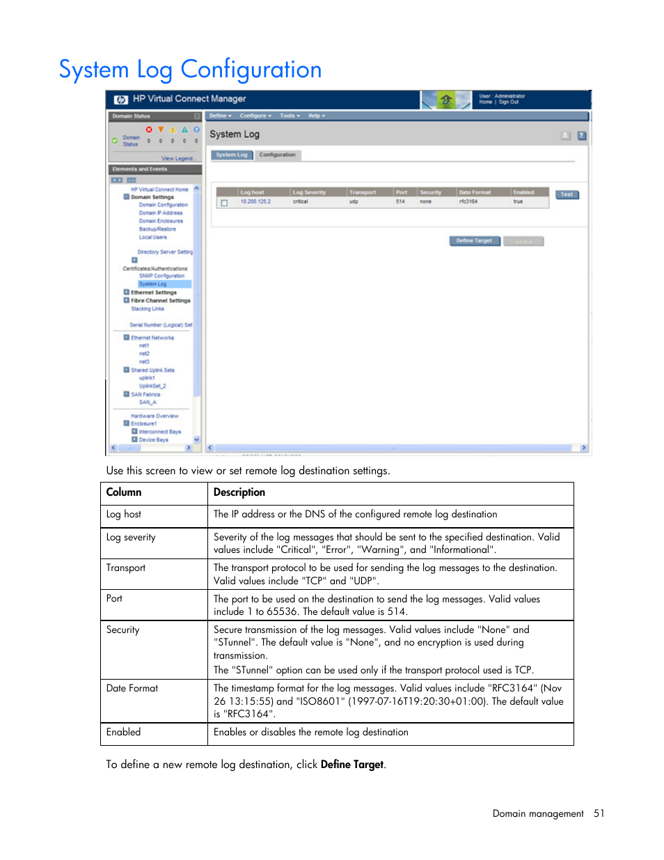 System log configuration | HP 1.10GB Virtual Connect Ethernet Module for c-Class BladeSystem User Manual | Page 51 / 162