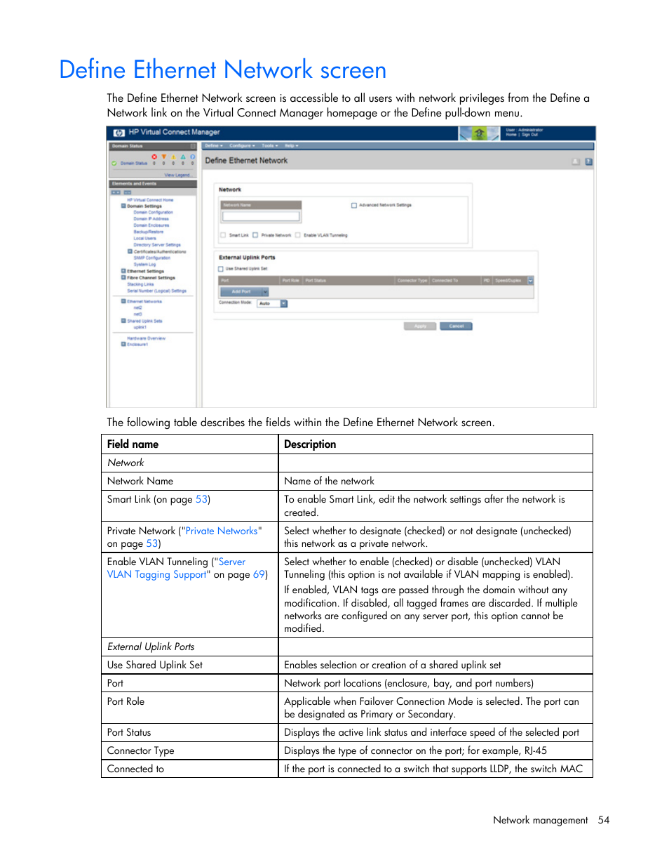 Define ethernet network screen | HP 1.10GB Virtual Connect Ethernet Module for c-Class BladeSystem User Manual | Page 54 / 162