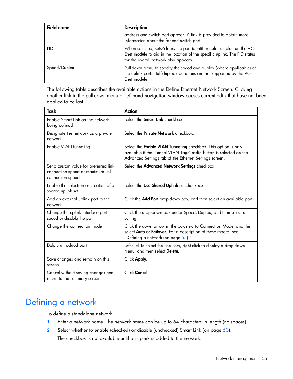 Defining a network | HP 1.10GB Virtual Connect Ethernet Module for c-Class BladeSystem User Manual | Page 55 / 162