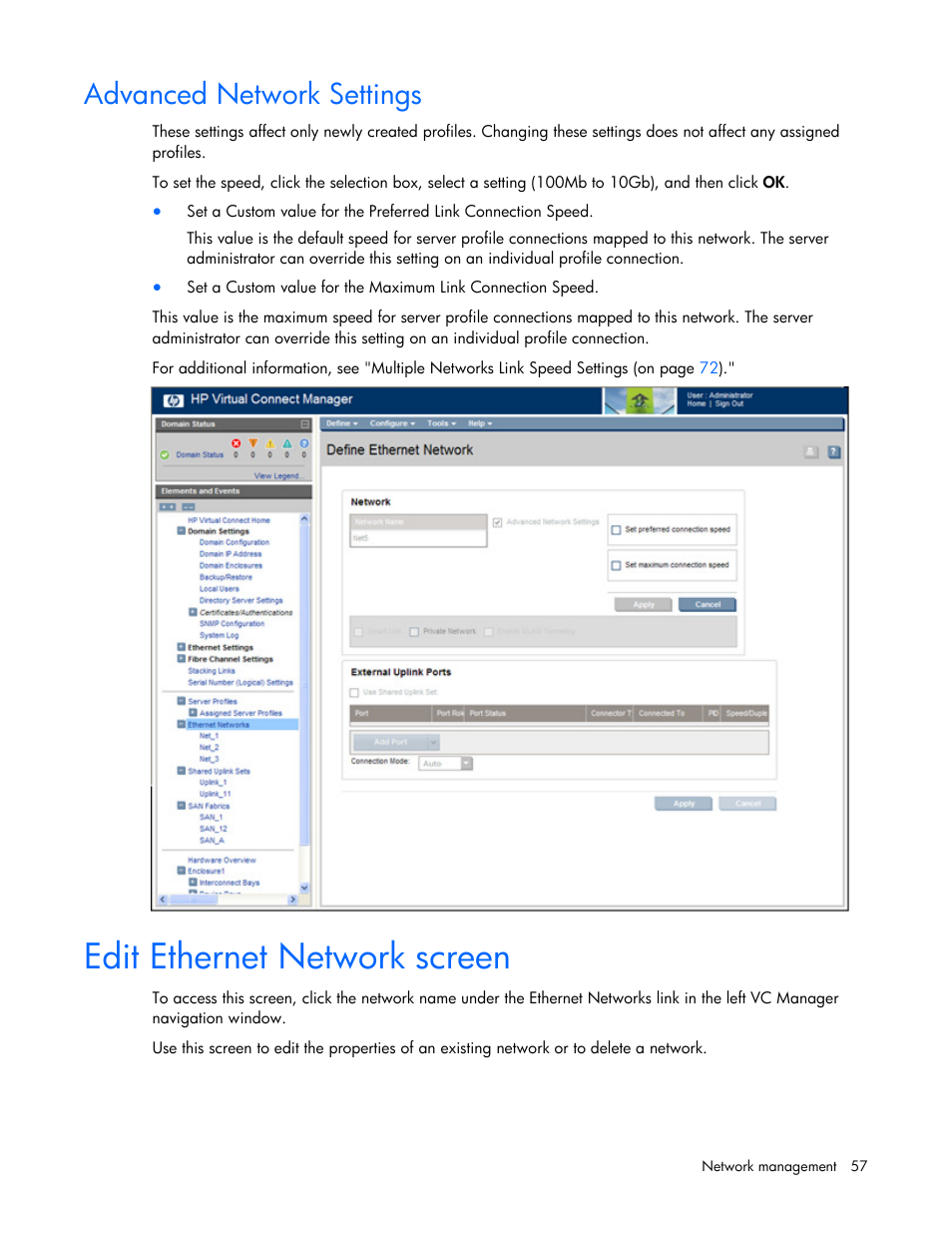 Advanced network settings, Edit ethernet network screen | HP 1.10GB Virtual Connect Ethernet Module for c-Class BladeSystem User Manual | Page 57 / 162