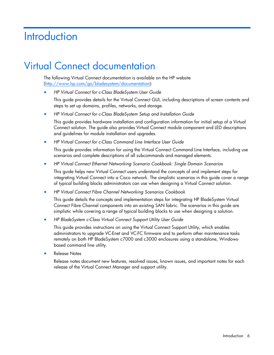 Introduction, Virtual connect documentation | HP 1.10GB Virtual Connect Ethernet Module for c-Class BladeSystem User Manual | Page 6 / 162