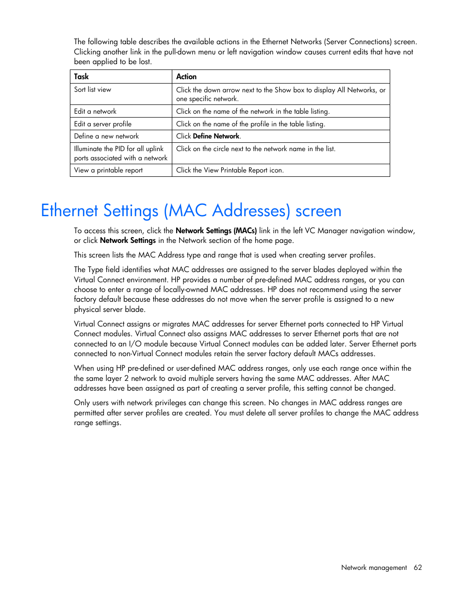 Ethernet settings (mac addresses) screen | HP 1.10GB Virtual Connect Ethernet Module for c-Class BladeSystem User Manual | Page 62 / 162