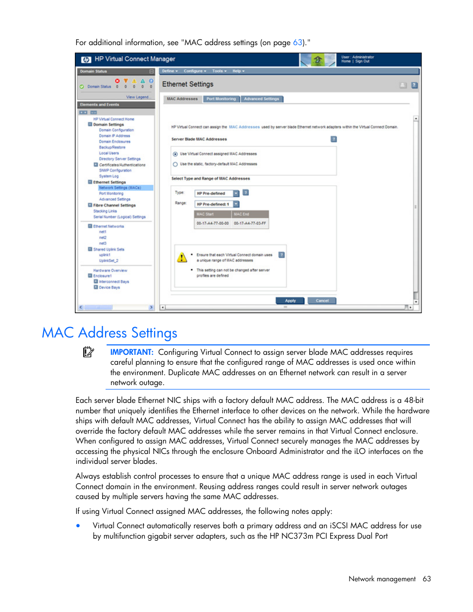 Mac address settings | HP 1.10GB Virtual Connect Ethernet Module for c-Class BladeSystem User Manual | Page 63 / 162