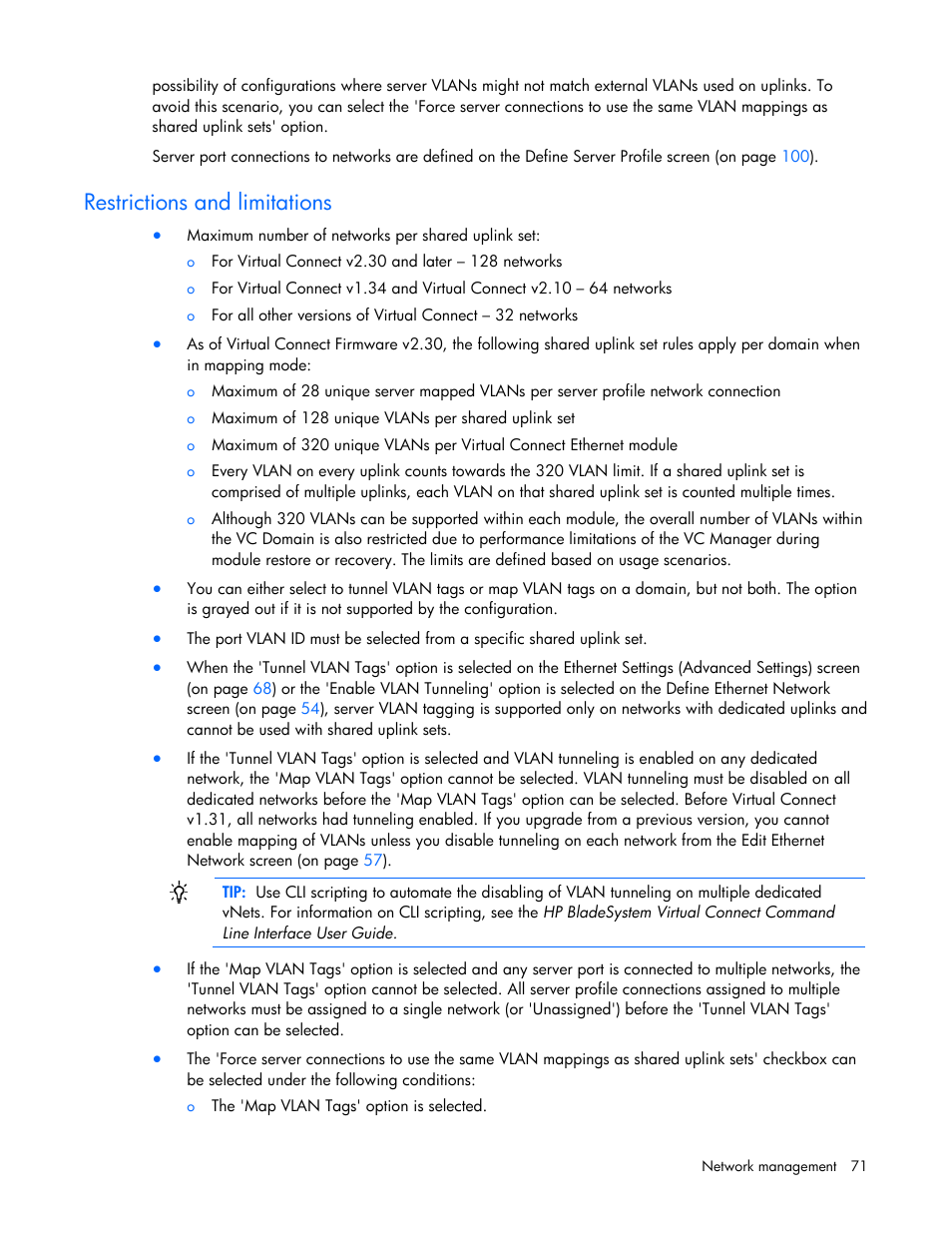 Restrictions and limitations | HP 1.10GB Virtual Connect Ethernet Module for c-Class BladeSystem User Manual | Page 71 / 162