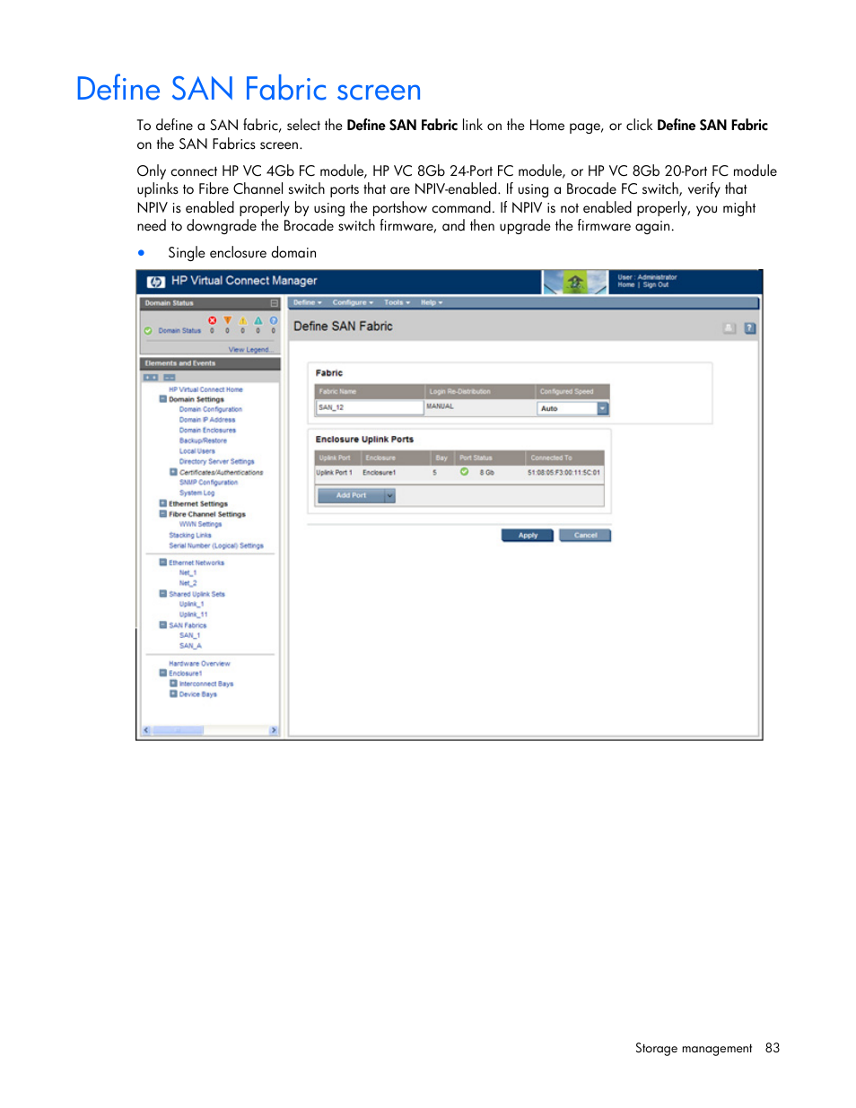 Define san fabric screen | HP 1.10GB Virtual Connect Ethernet Module for c-Class BladeSystem User Manual | Page 83 / 162