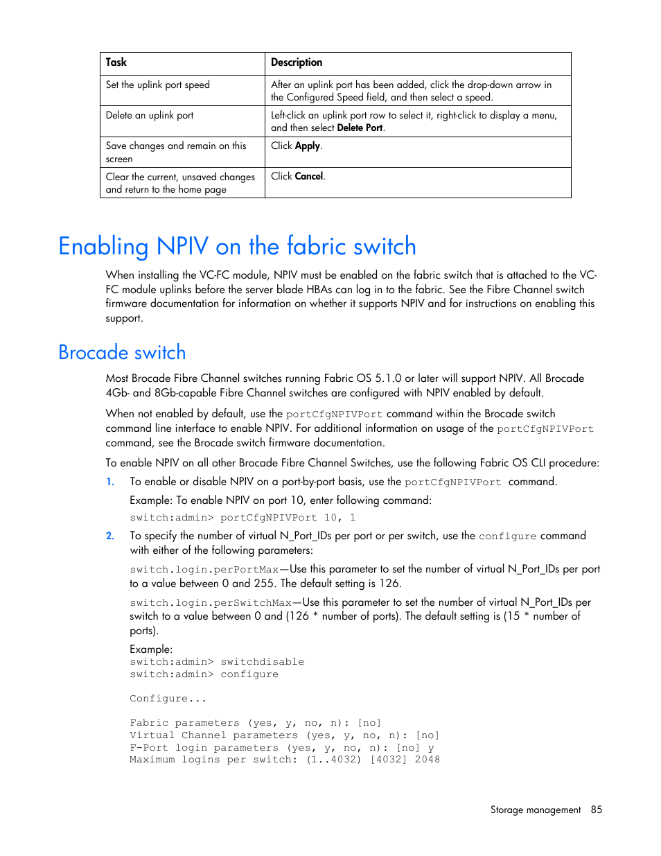 Enabling npiv on the fabric switch, Brocade switch | HP 1.10GB Virtual Connect Ethernet Module for c-Class BladeSystem User Manual | Page 85 / 162