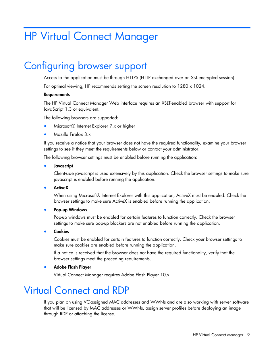Hp virtual connect manager, Configuring browser support, Virtual connect and rdp | HP 1.10GB Virtual Connect Ethernet Module for c-Class BladeSystem User Manual | Page 9 / 162