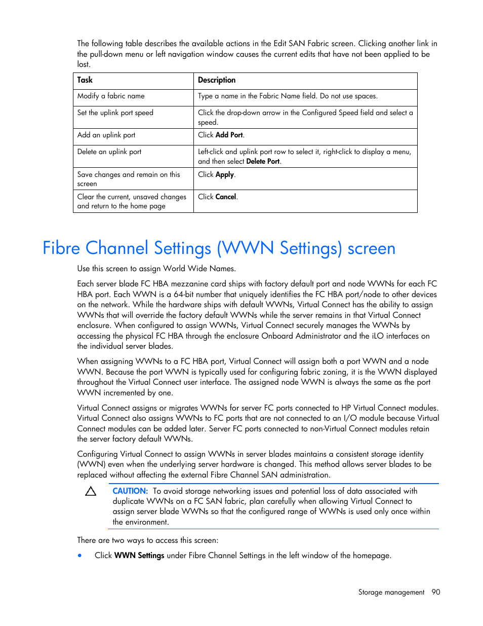 Fibre channel settings (wwn settings) screen | HP 1.10GB Virtual Connect Ethernet Module for c-Class BladeSystem User Manual | Page 90 / 162