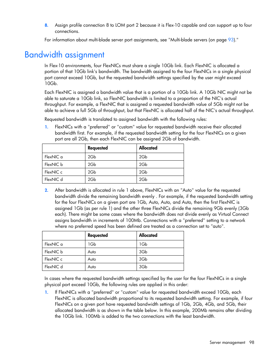 Bandwidth assignment | HP 1.10GB Virtual Connect Ethernet Module for c-Class BladeSystem User Manual | Page 98 / 162