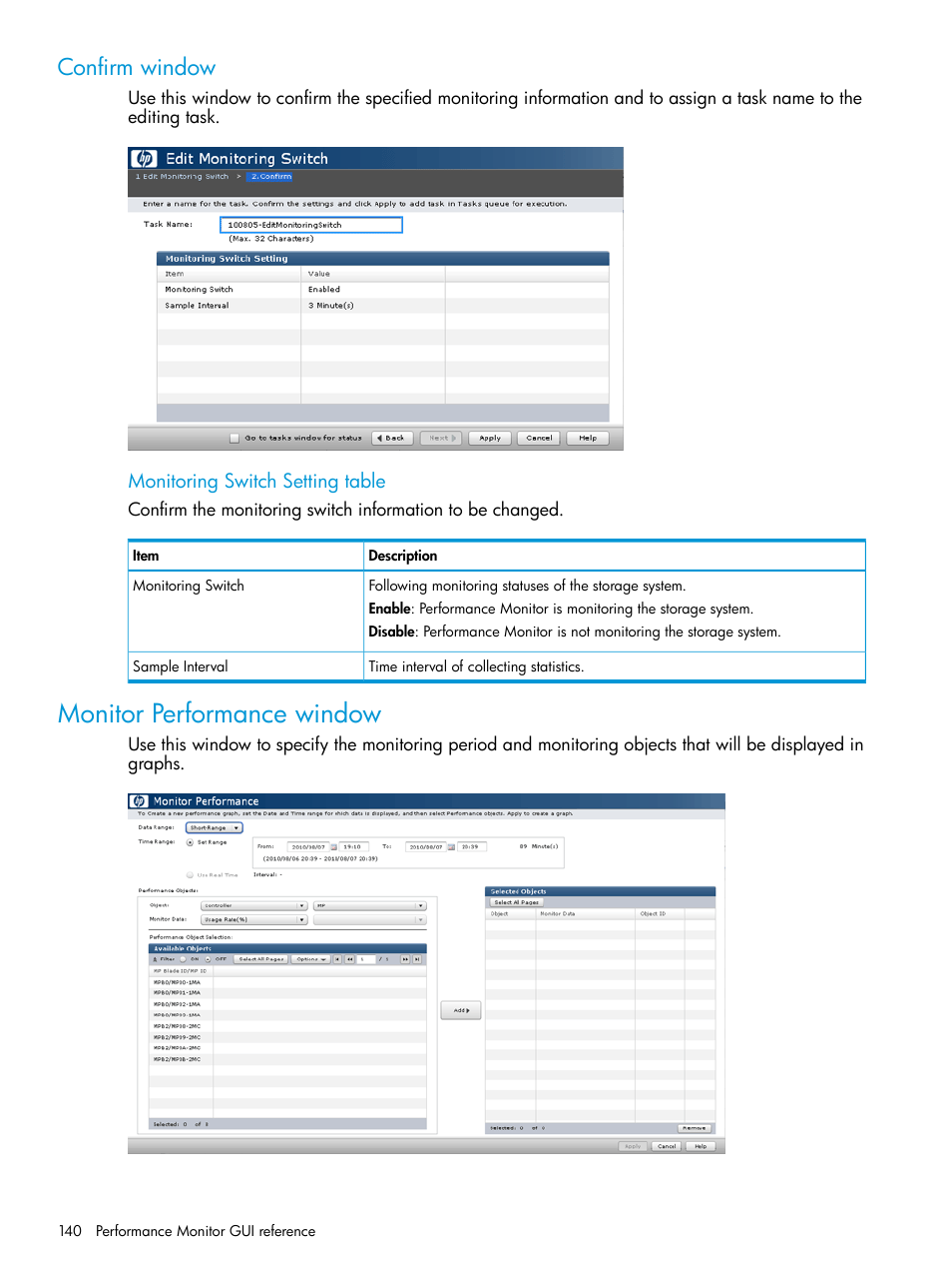 Confirm window, Monitor performance window | HP XP RAID Manager Software User Manual | Page 140 / 205