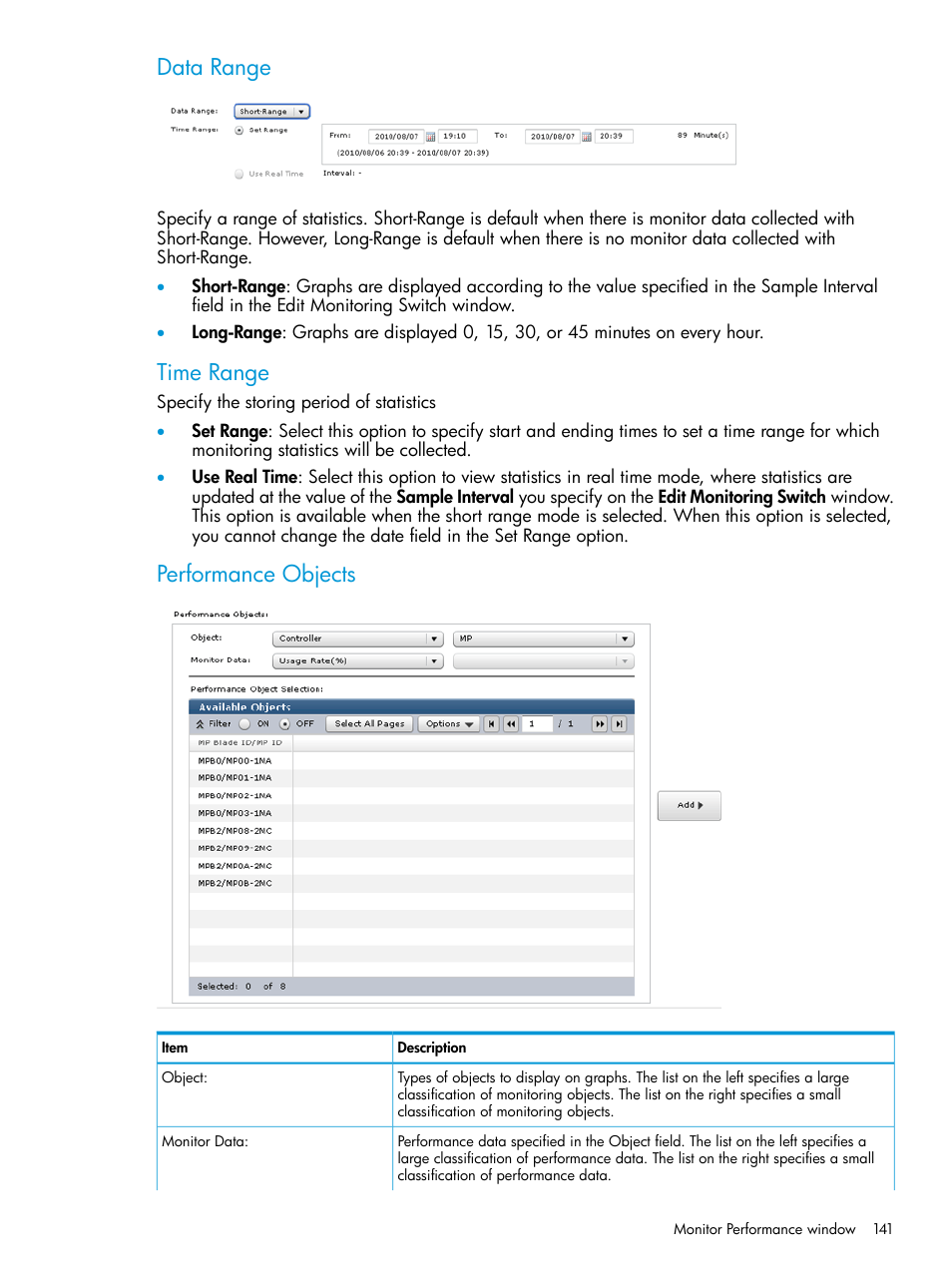 Data range, Time range, Performance objects | HP XP RAID Manager Software User Manual | Page 141 / 205