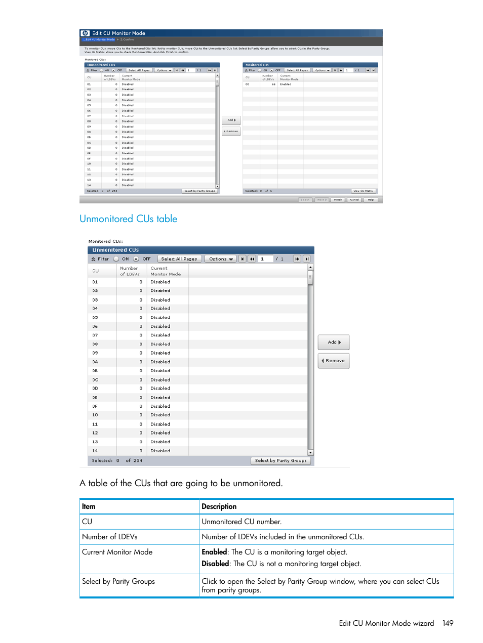 Unmonitored cus table | HP XP RAID Manager Software User Manual | Page 149 / 205