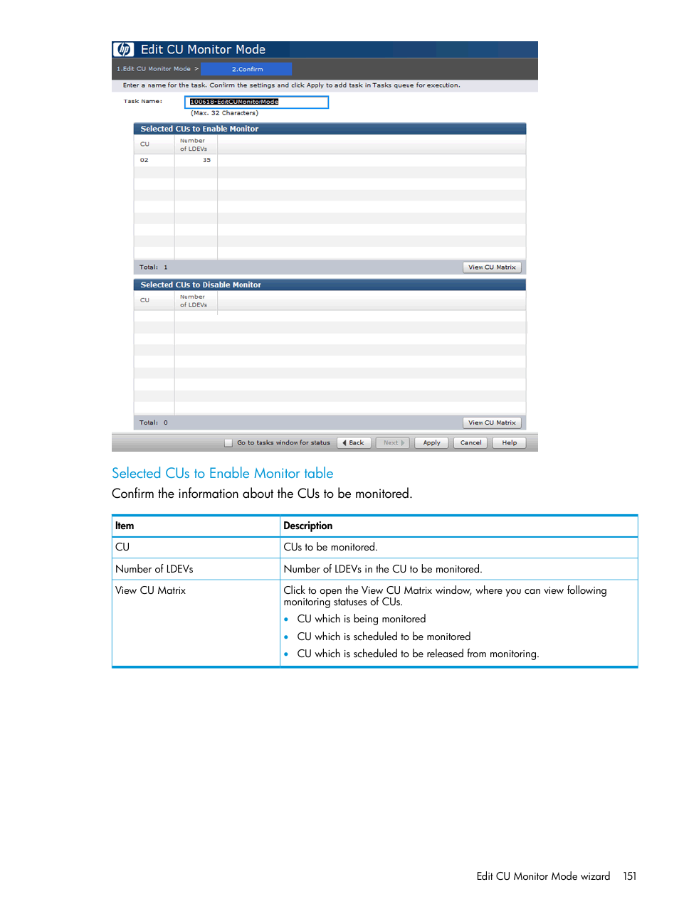 Selected cus to enable monitor table | HP XP RAID Manager Software User Manual | Page 151 / 205