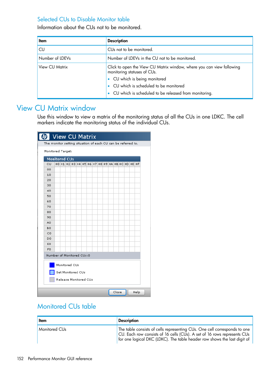 View cu matrix window, Monitored cus table, Selected cus to disable monitor table | HP XP RAID Manager Software User Manual | Page 152 / 205