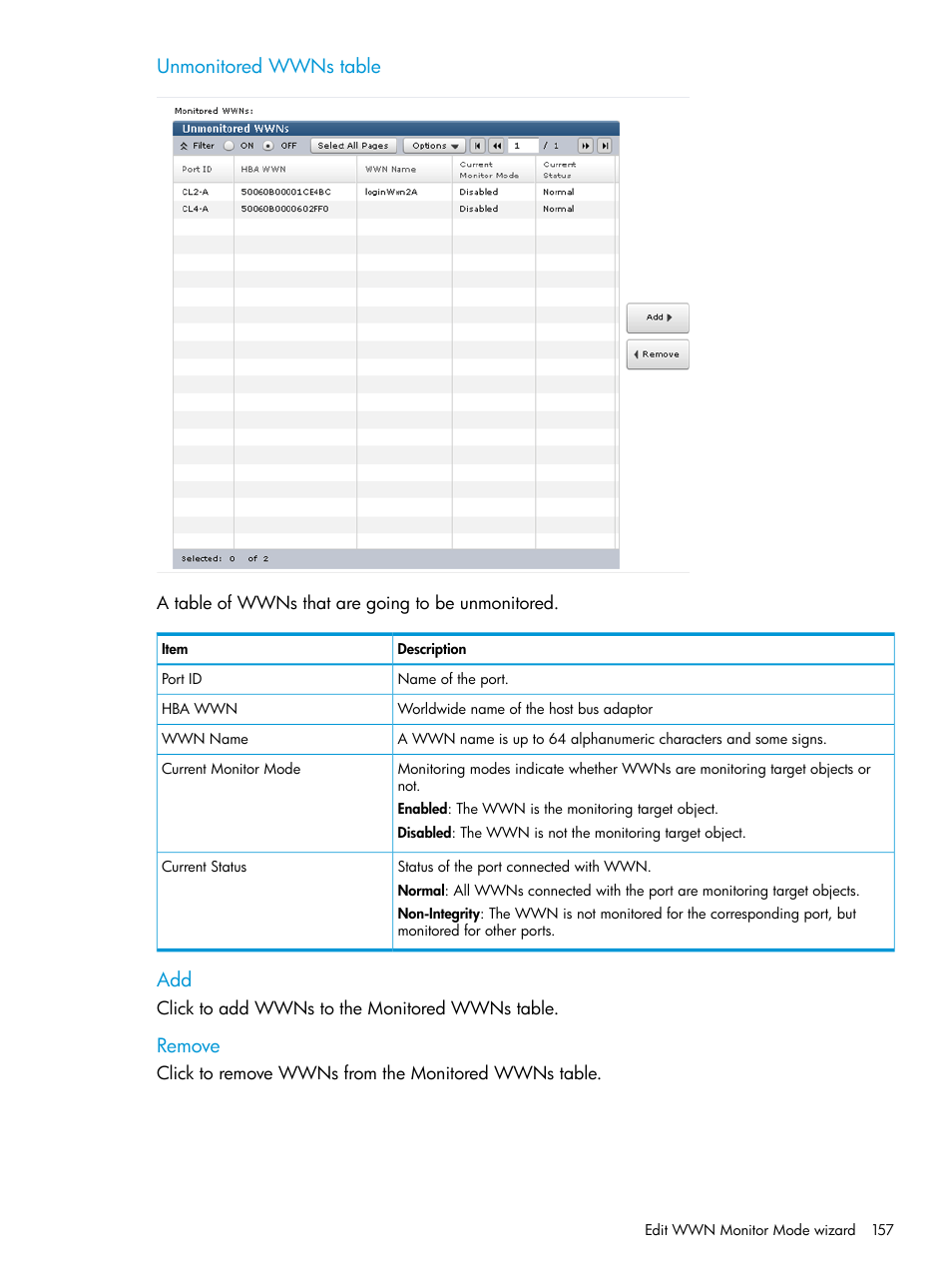 Unmonitored wwns table, Remove | HP XP RAID Manager Software User Manual | Page 157 / 205