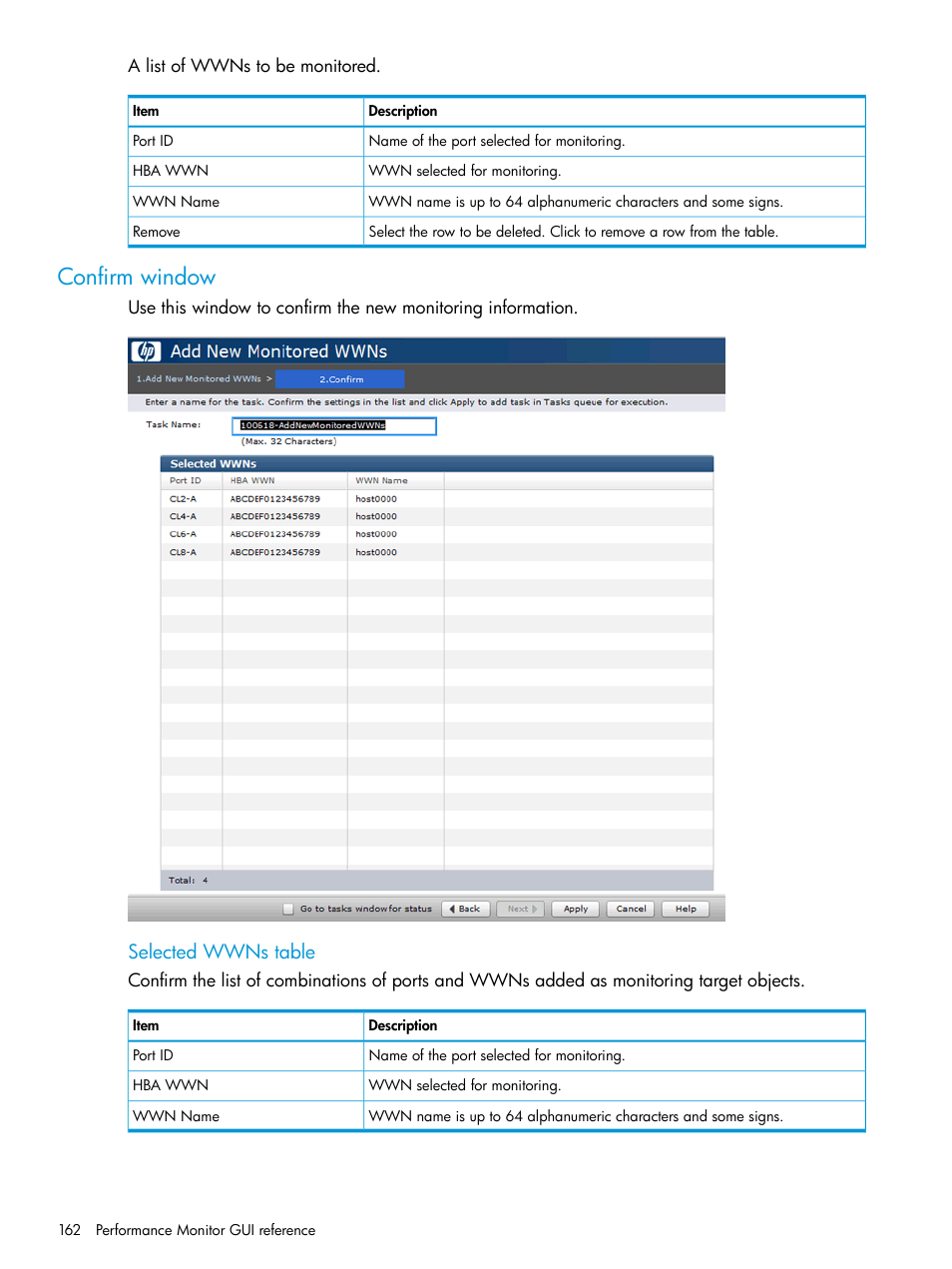 Confirm window, Selected wwns table | HP XP RAID Manager Software User Manual | Page 162 / 205