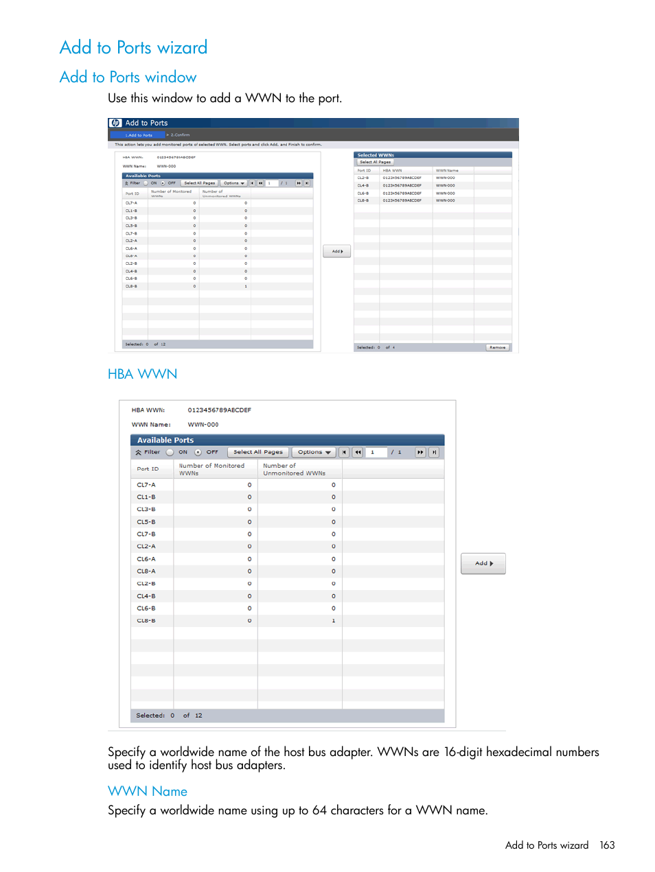 Add to ports wizard, Add to ports window | HP XP RAID Manager Software User Manual | Page 163 / 205