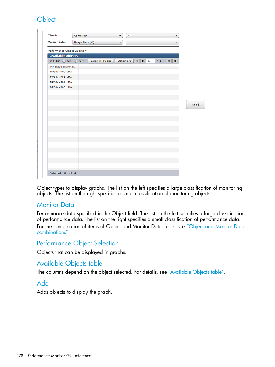 Object, Monitor data, Performance object selection | Available objects table | HP XP RAID Manager Software User Manual | Page 178 / 205