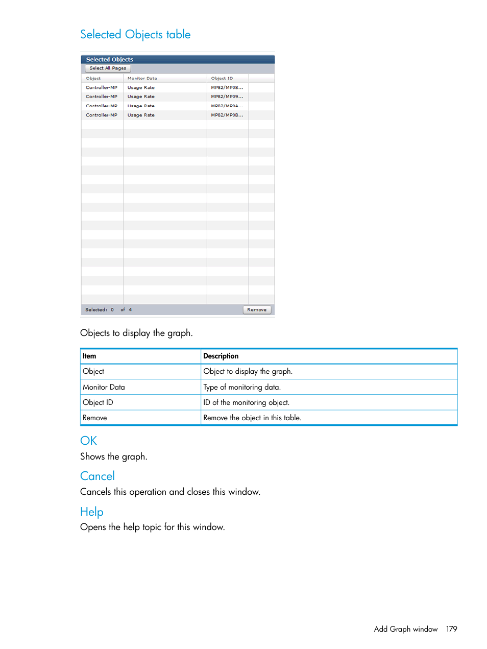 Selected objects table, Cancel, Help | HP XP RAID Manager Software User Manual | Page 179 / 205