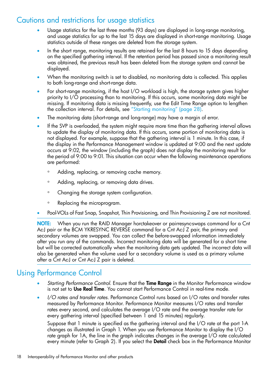 Cautions and restrictions for usage statistics, Using performance control | HP XP RAID Manager Software User Manual | Page 18 / 205