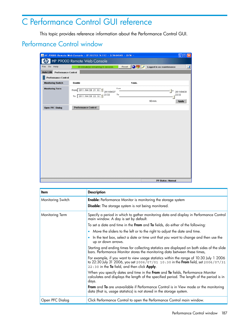 C performance control gui reference, Performance control window | HP XP RAID Manager Software User Manual | Page 187 / 205