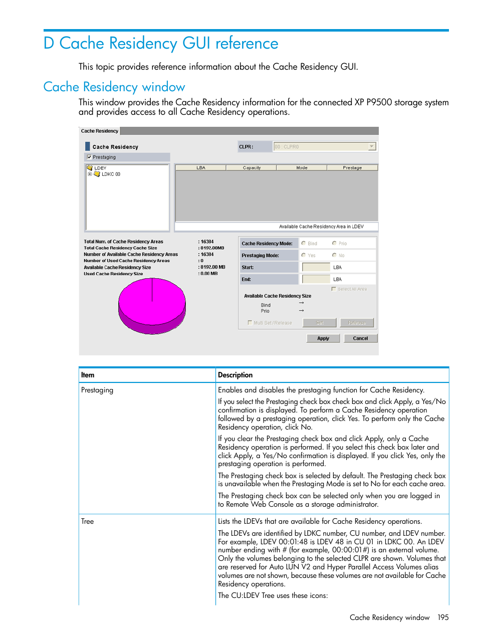 D cache residency gui reference, Cache residency window | HP XP RAID Manager Software User Manual | Page 195 / 205