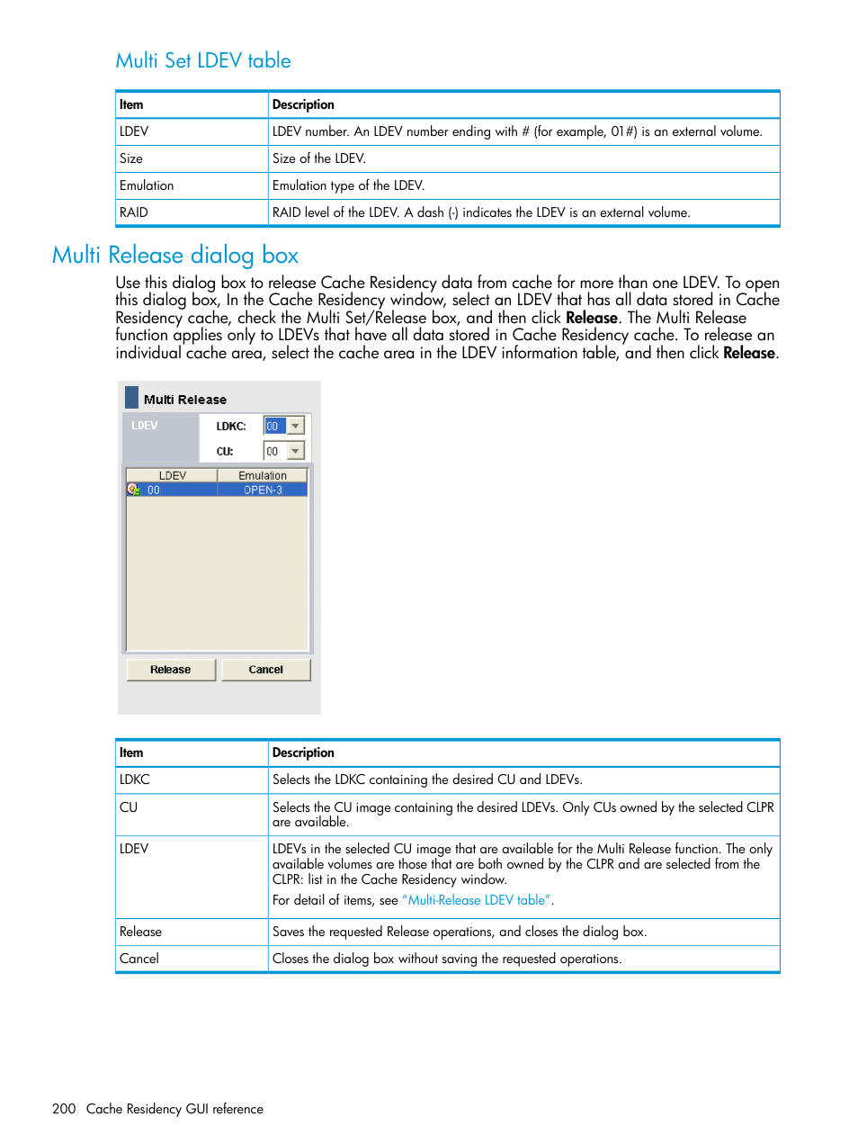 Multi release dialog box, Multi set ldev table | HP XP RAID Manager Software User Manual | Page 200 / 205