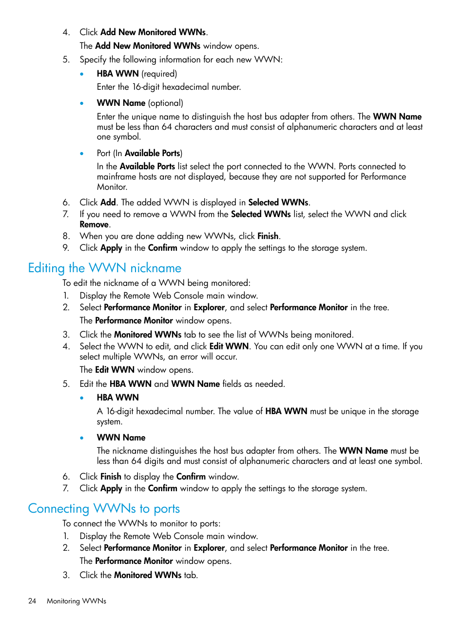 Editing the wwn nickname, Connecting wwns to ports, Editing the wwn nickname connecting wwns to ports | HP XP RAID Manager Software User Manual | Page 24 / 205