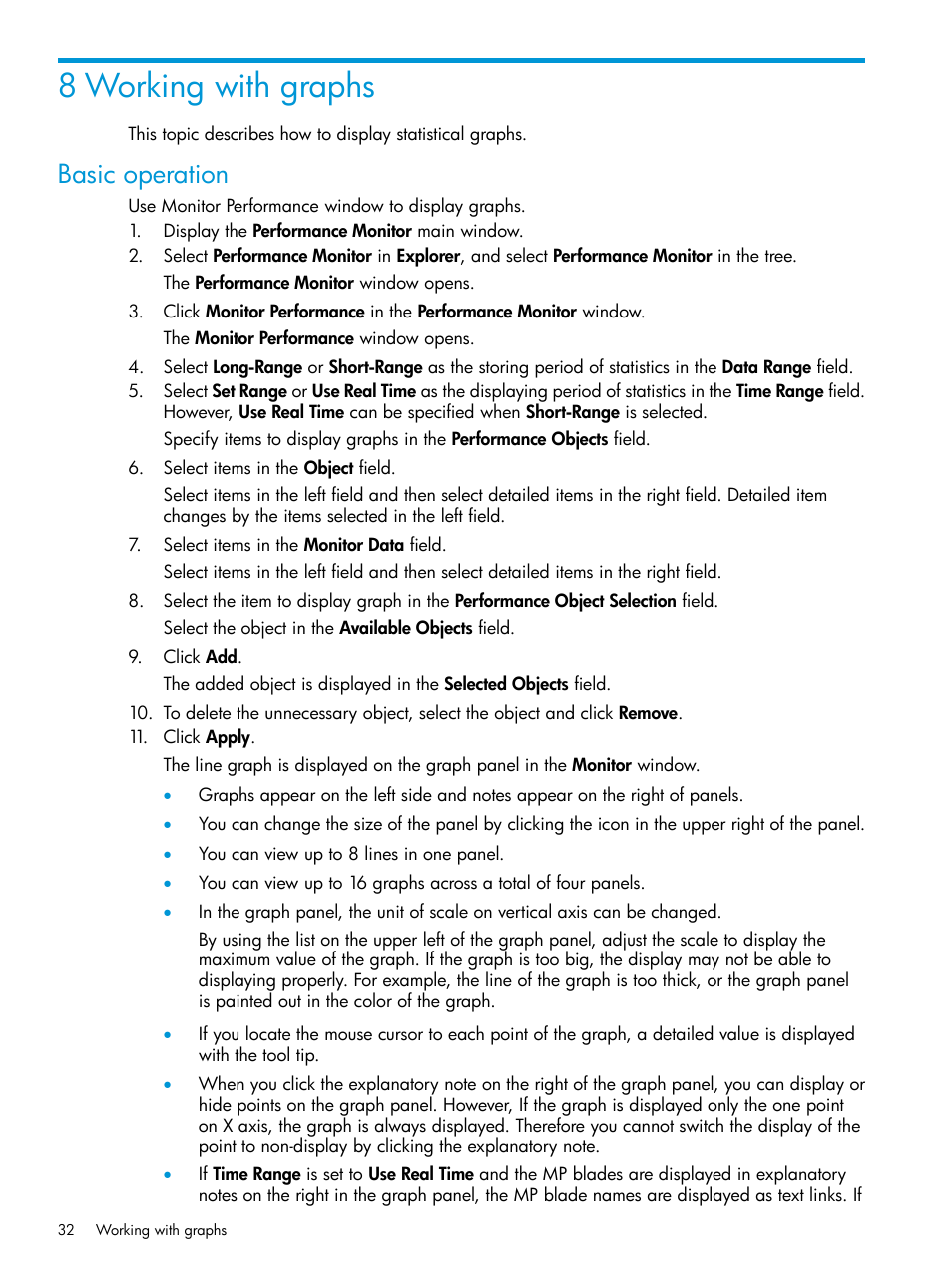 8 working with graphs, Basic operation | HP XP RAID Manager Software User Manual | Page 32 / 205