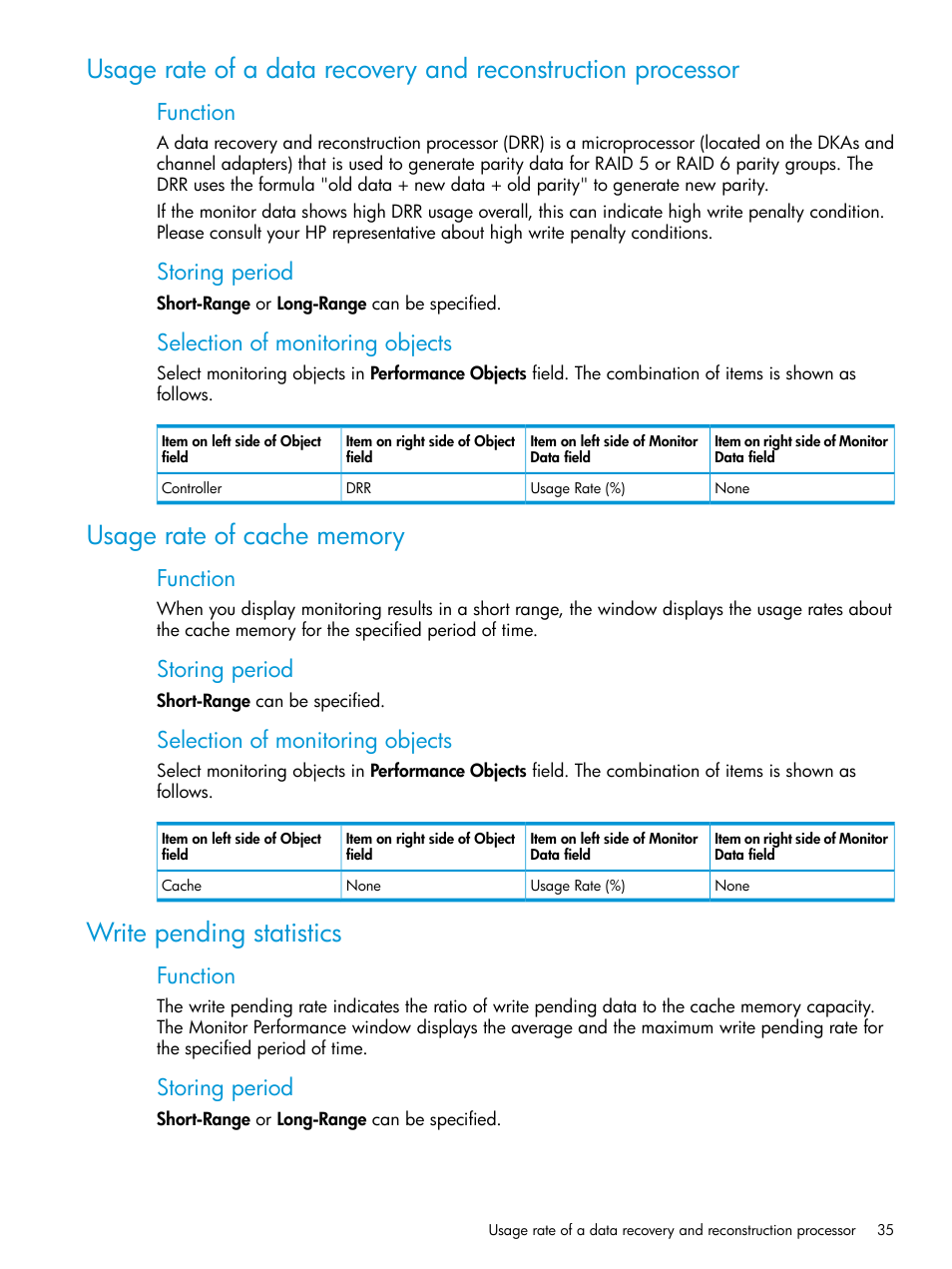 Usage rate of cache memory, Write pending statistics, Function | Storing period, Selection of monitoring objects | HP XP RAID Manager Software User Manual | Page 35 / 205