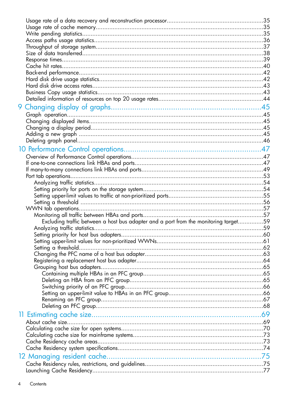 9 changing display of graphs, 10 performance control operations, 11 estimating cache size | 12 managing resident cache | HP XP RAID Manager Software User Manual | Page 4 / 205