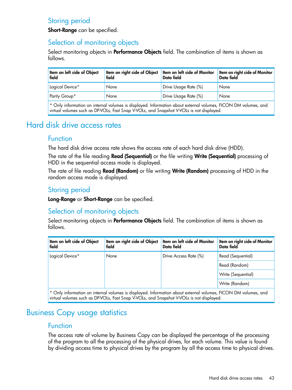 Hard disk drive access rates, Business copy usage statistics, Storing period | Selection of monitoring objects, Function | HP XP RAID Manager Software User Manual | Page 43 / 205