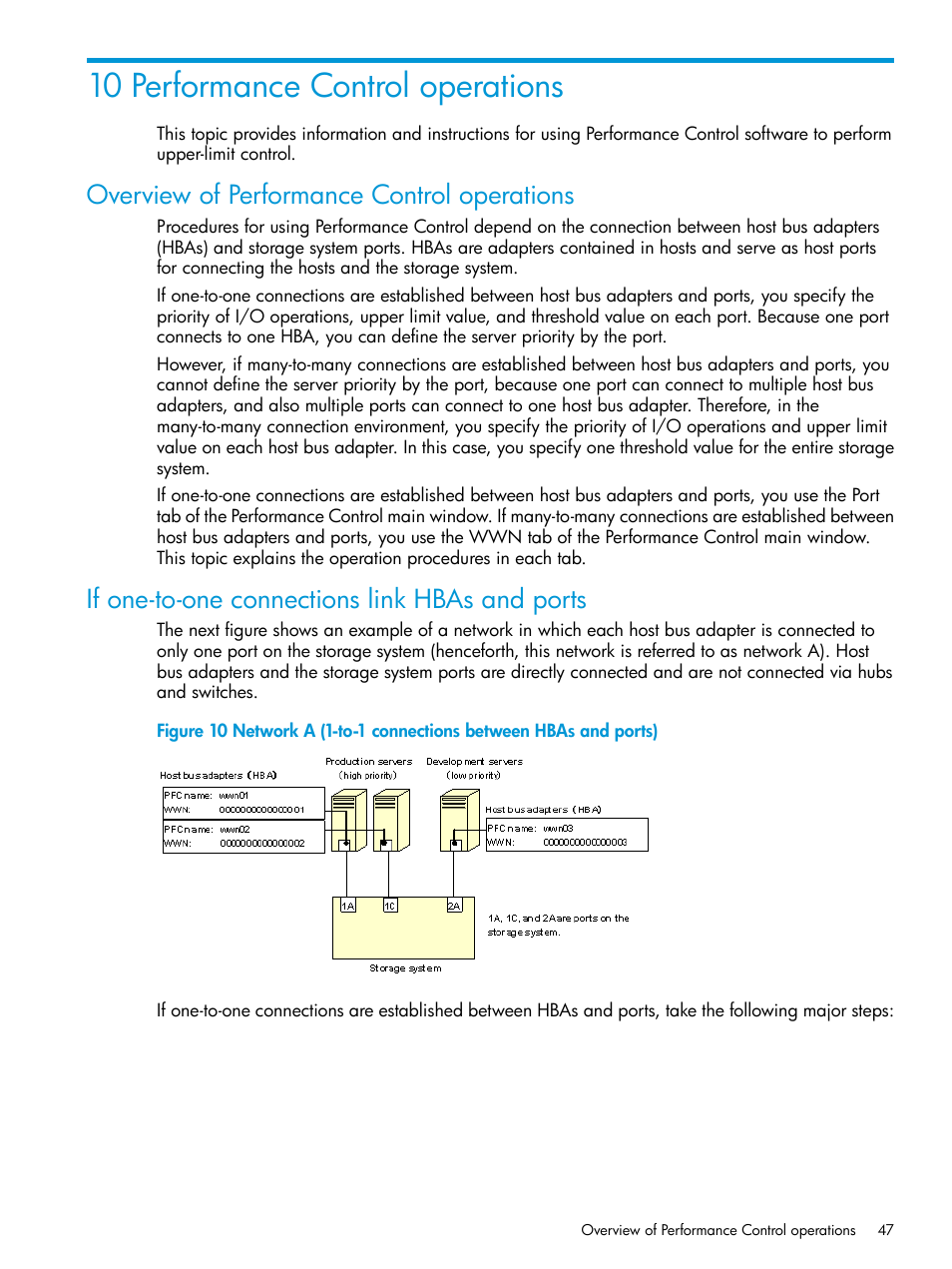 10 performance control operations, Overview of performance control operations, If one-to-one connections link hbas and ports | HP XP RAID Manager Software User Manual | Page 47 / 205