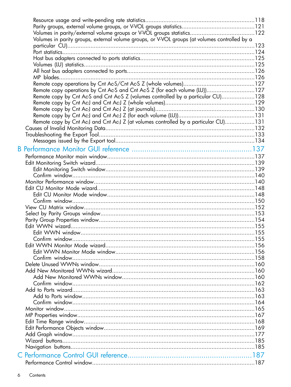 B performance monitor gui reference, C performance control gui reference | HP XP RAID Manager Software User Manual | Page 6 / 205