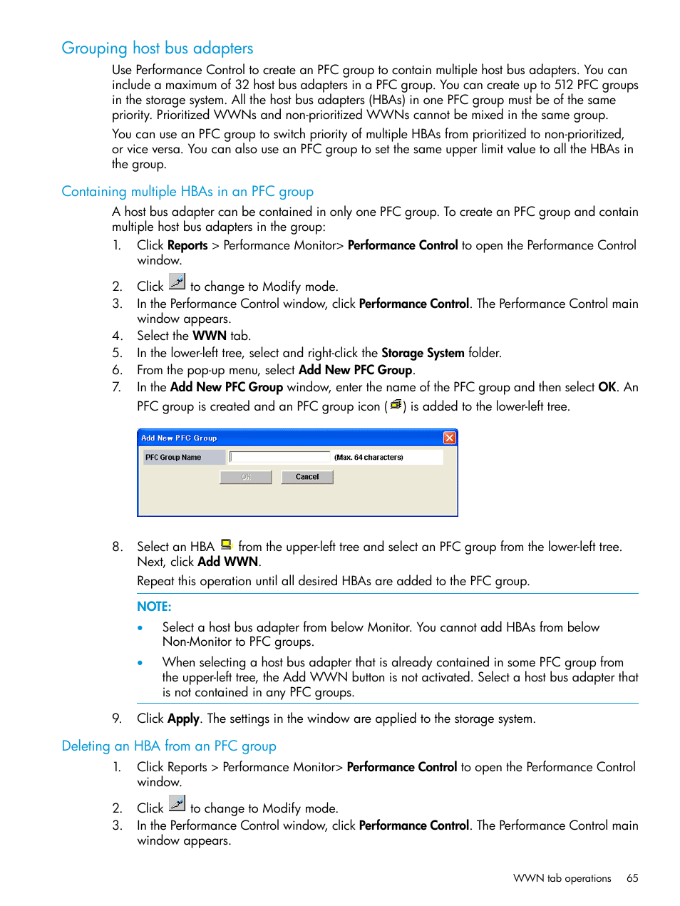 Grouping host bus adapters, Containing multiple hbas in an pfc group, Deleting an hba from an pfc group | HP XP RAID Manager Software User Manual | Page 65 / 205