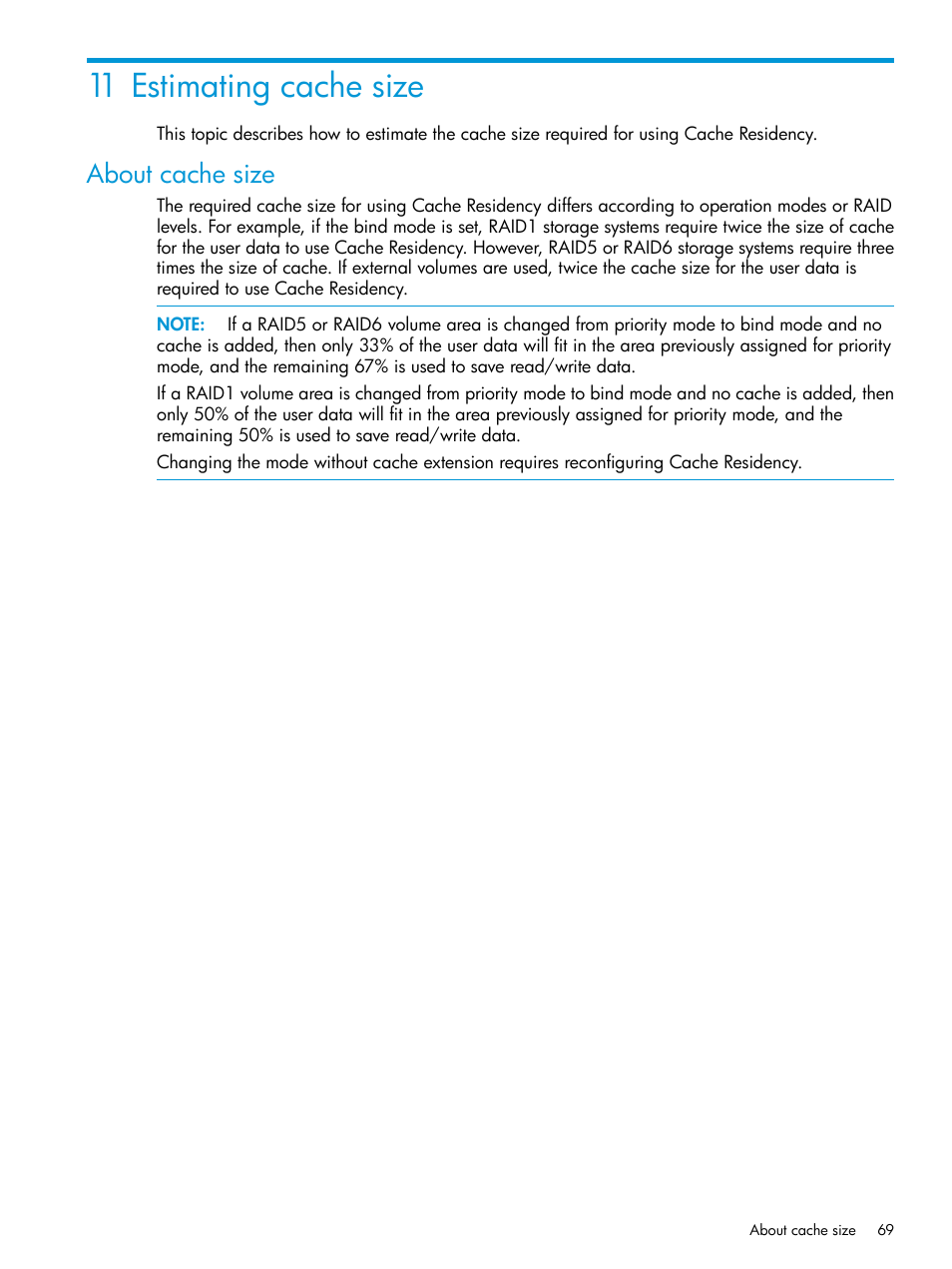 11 estimating cache size, About cache size | HP XP RAID Manager Software User Manual | Page 69 / 205