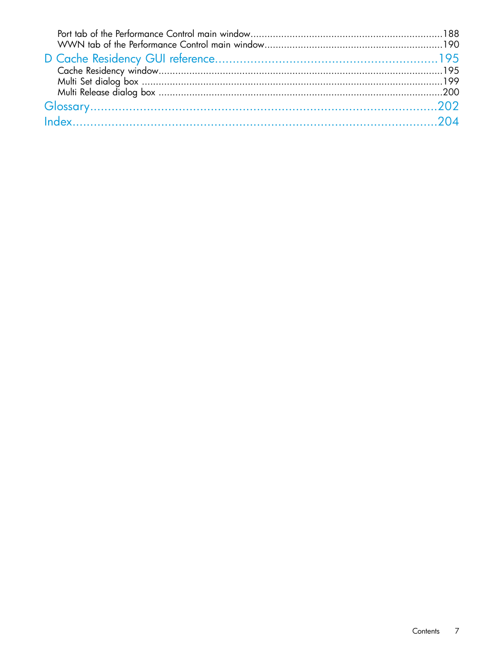 D cache residency gui reference, Glossary index | HP XP RAID Manager Software User Manual | Page 7 / 205