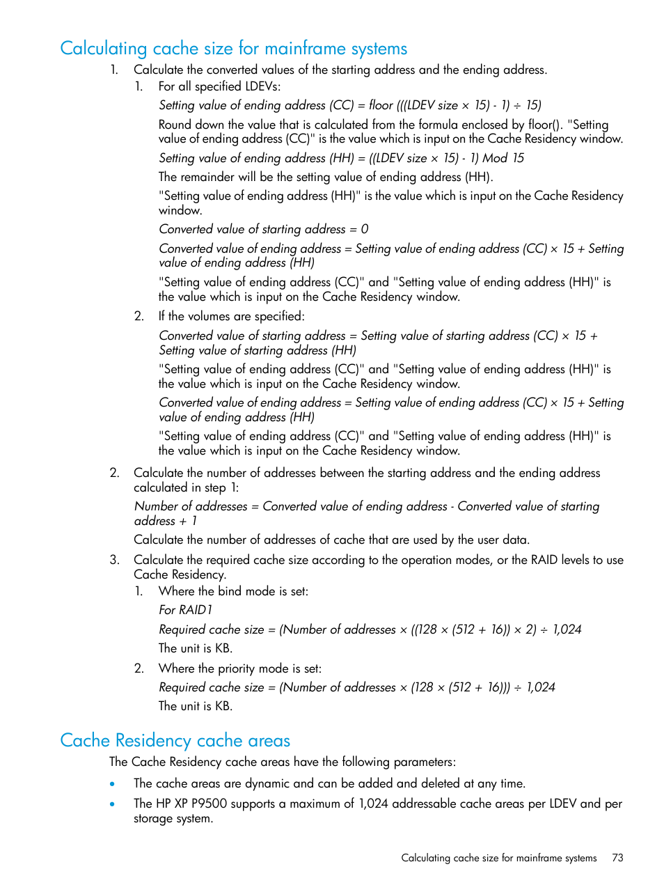 Calculating cache size for mainframe systems, Cache residency cache areas | HP XP RAID Manager Software User Manual | Page 73 / 205