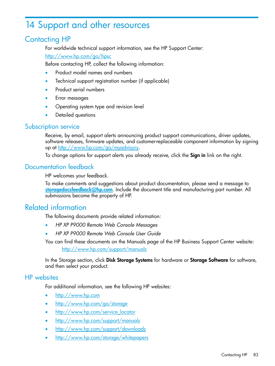 14 support and other resources, Contacting hp, Subscription service | Documentation feedback, Related information, Hp websites, Subscription service documentation feedback | HP XP RAID Manager Software User Manual | Page 83 / 205