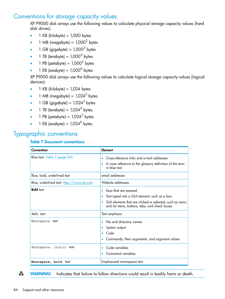 Conventions for storage capacity values, Typographic conventions | HP XP RAID Manager Software User Manual | Page 84 / 205