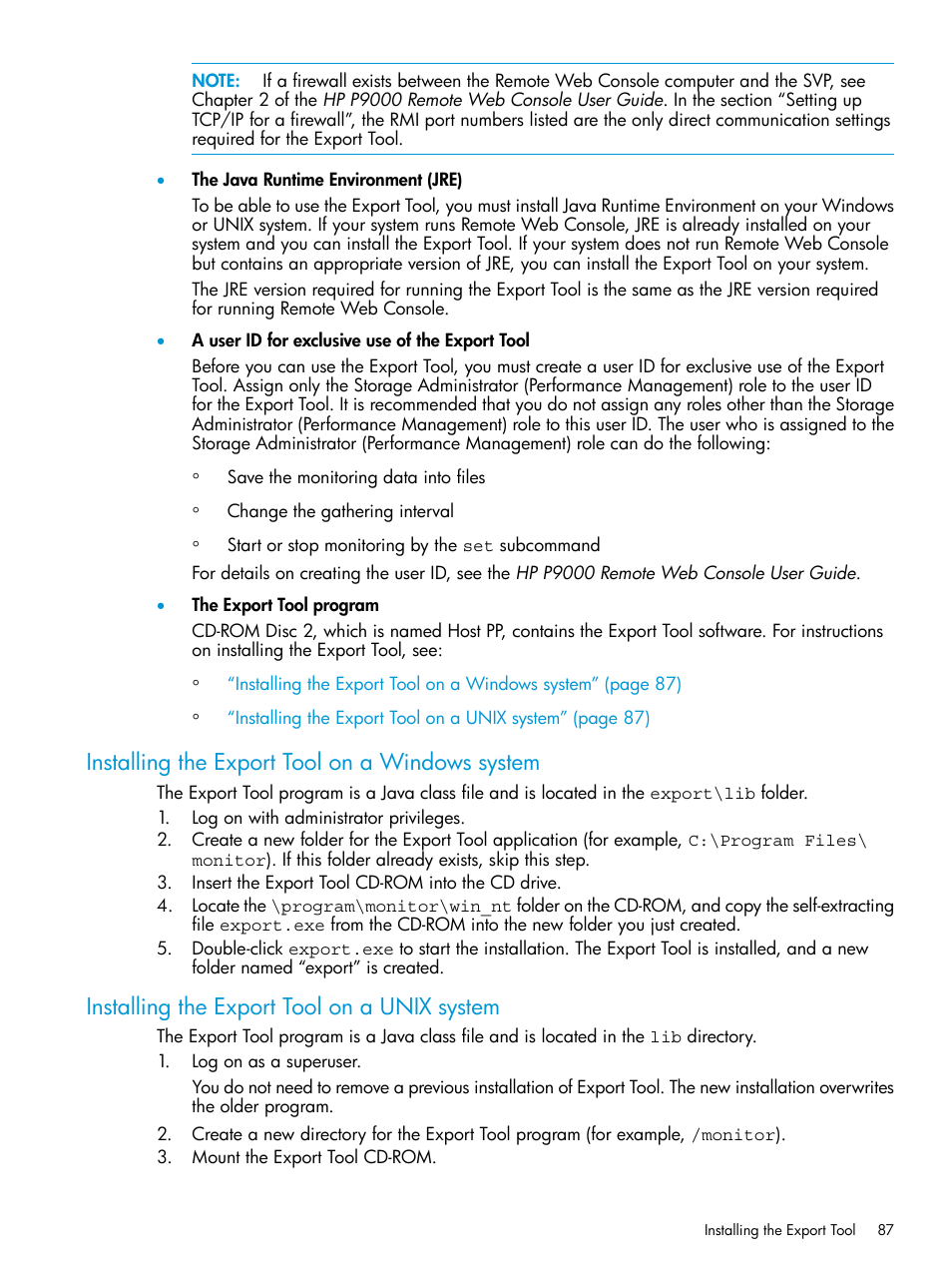 Installing the export tool on a windows system, Installing the export tool on a unix system | HP XP RAID Manager Software User Manual | Page 87 / 205