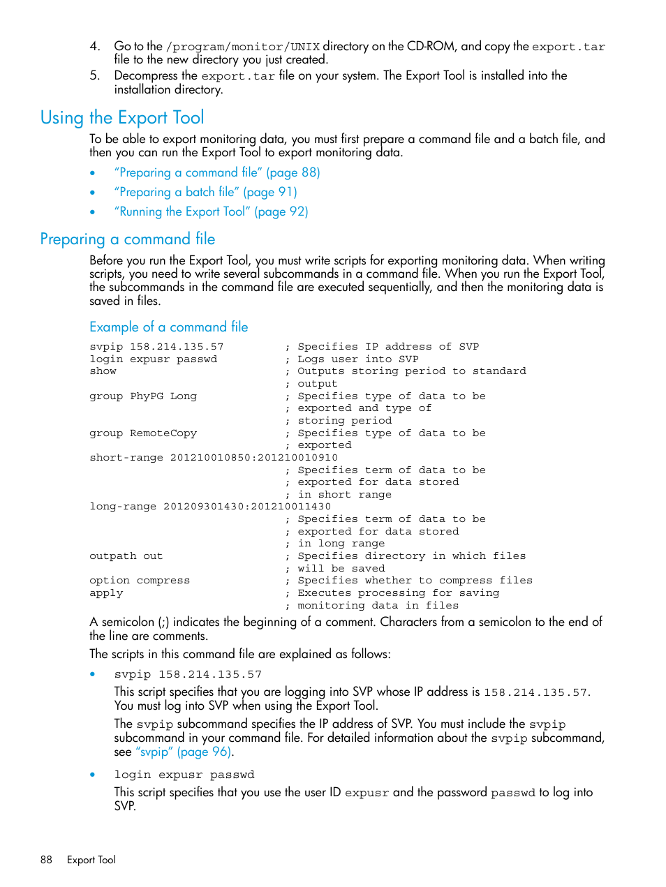 Using the export tool, Preparing a command file | HP XP RAID Manager Software User Manual | Page 88 / 205