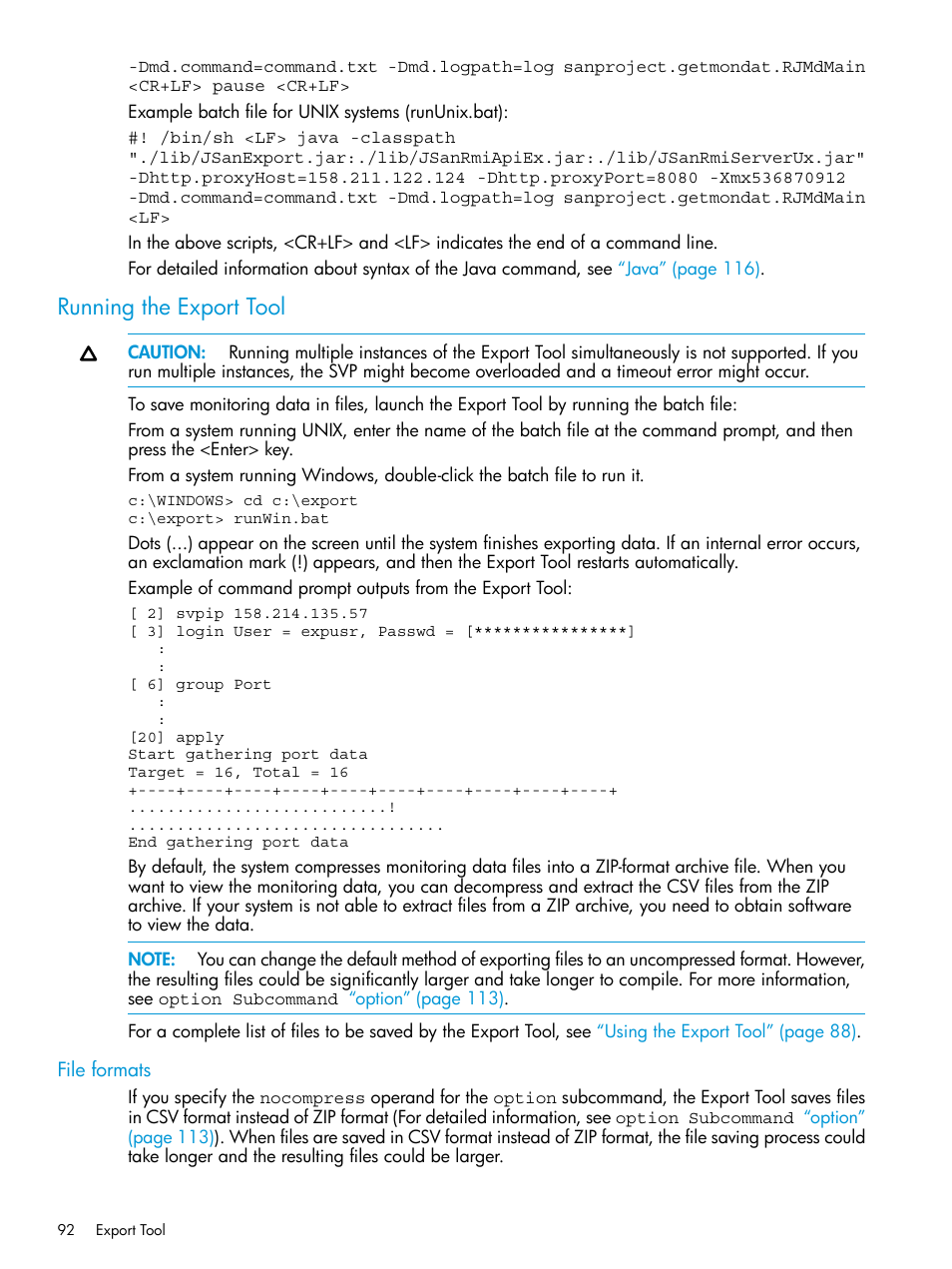 Running the export tool, File formats | HP XP RAID Manager Software User Manual | Page 92 / 205
