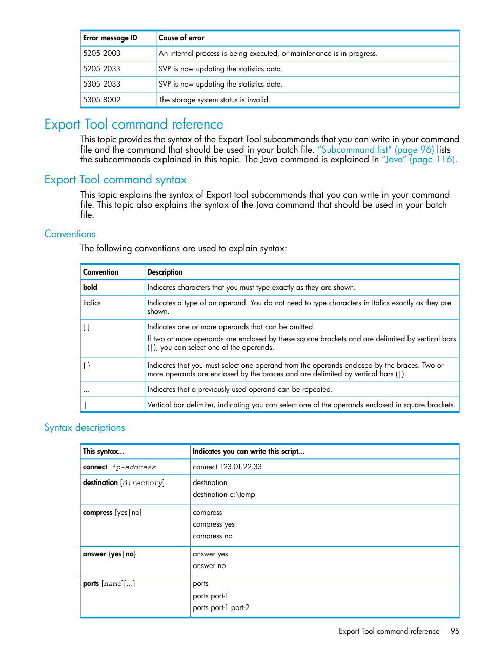 Export tool command reference, Export tool command syntax, Conventions | Syntax descriptions, Conventions syntax descriptions, Export | HP XP RAID Manager Software User Manual | Page 95 / 205