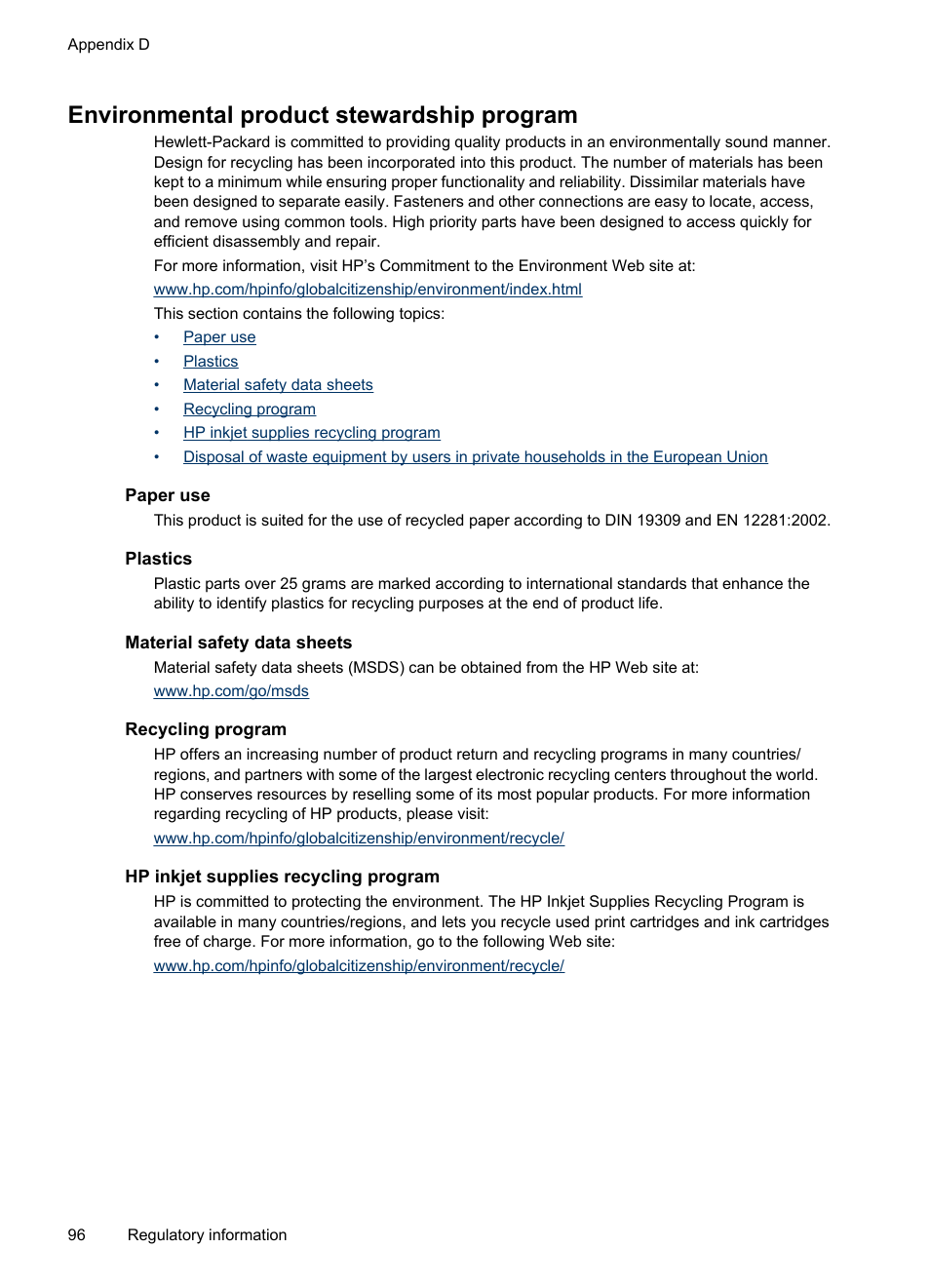 Environmental product stewardship program, Paper use, Plastics | Material safety data sheets, Recycling program, Hp inkjet supplies recycling program | HP Officejet Pro K8600 Printer User Manual | Page 100 / 108